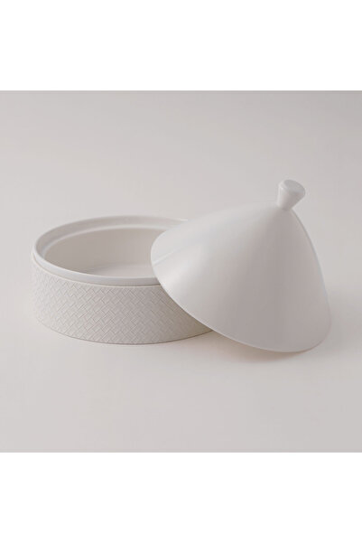 LA MESA طاجين من البورسلين مع غطاء من الجلد البيج، أبيض، 9.5 بوصة