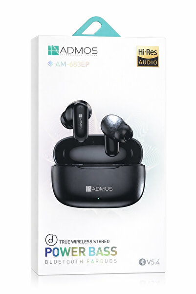 ADMOS pair of black AM-683EP True Wireless Stereo Bluetooth Earbuds.