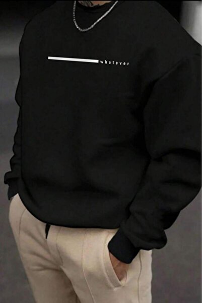 NO 601 Hanorac negru pentru bărbați Whatever Line cu imprimeu cu gâtul rotund...