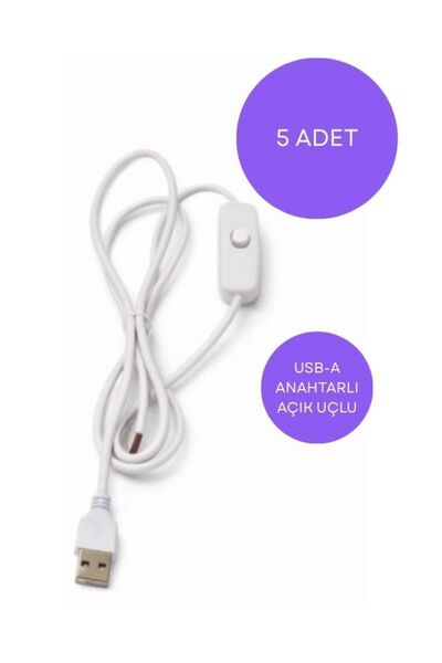 GÜMRÜK BEY 5 ADET Anahtarlı USB Erkek Kablo 5V 2 Amper Ucu Açık Beyaz USB Kab...