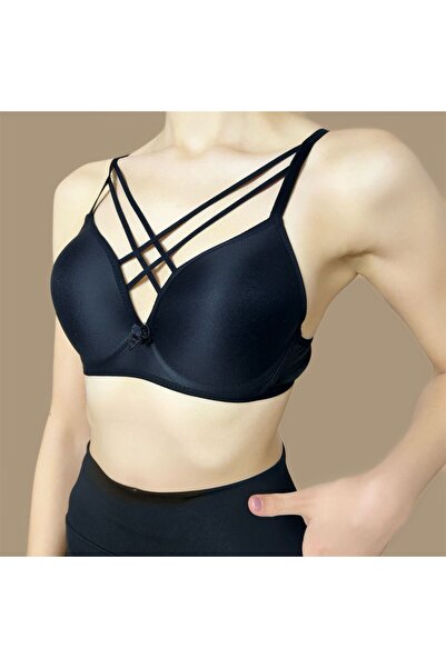 HK Underwear Destekli Balenli Bantlı Siyah Sütyen