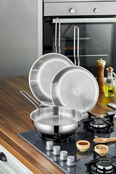 Cooker 3'Lü Lara 24-26-28 Cm Paslanmaz Çelik İndüksiyon Uyumlu Tava Seti