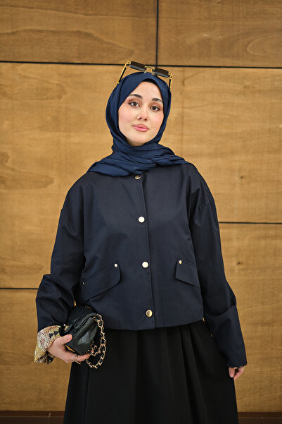 LOCCO Trenci scurt de damă guler rotund cu căptușeală cu model, cu închidere ...