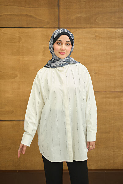 LOCCO Γυναικείο πουκάμισο με κρυφό κουμπί μπροστά με λεπτομέρεια από πέτρα, κ...