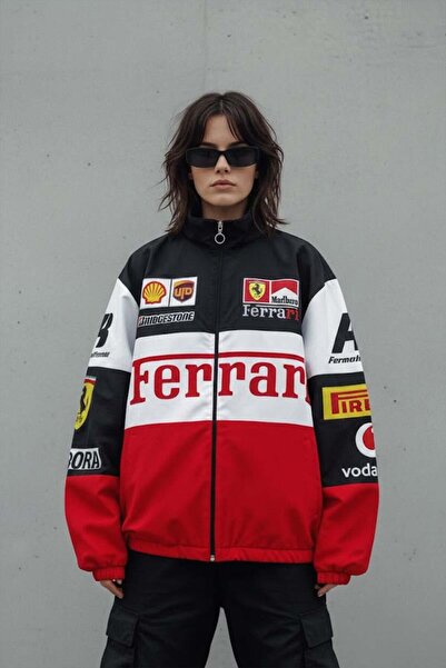 Karakedi Black Patchwork Ferrari F1 Retro Parachute Bomber Y2K Unisex Jacket
