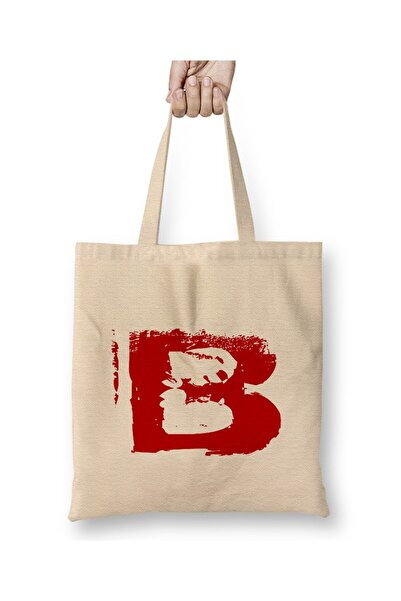 Toyaso Letter B White Cloth Bag Long Handle Shopping Bag Beach Bag