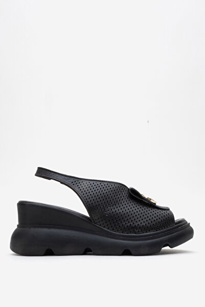 Dericlub Women's Wedge Heel Buckle Casual Sandals Real Leather Zy 8067 Black