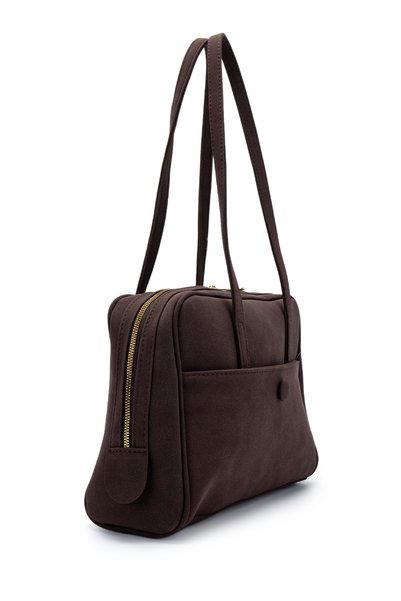 minebag Suede Rocky Women's Shoulder Bag with Front Pocket Detail Brown