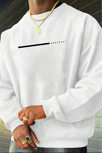 NO 601 Men's White Whatever Line Printed Crew Neck Sweatshirt