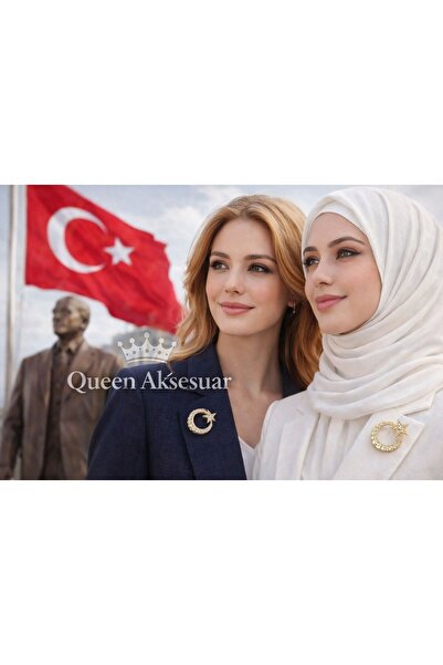 QUEEN AKSESUAR 4cm lüks altın metal kristal taşlı ay yıldız yaka eşarp şal br...