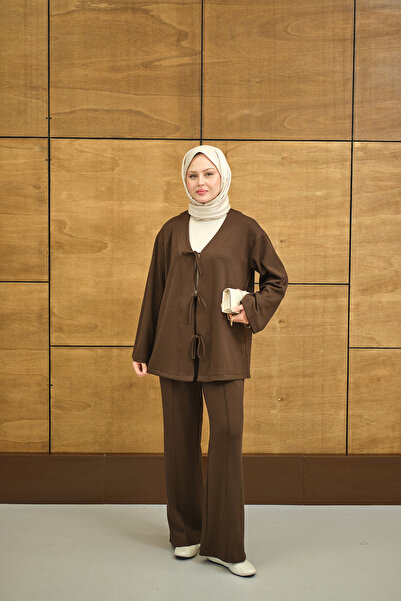 LOCCO Women's V-Neck Lace-Up Regular Viscose Kimono Set Brown