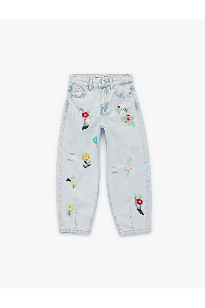 Koton Cotton High Waist Floral Embroidered Loose Fit Jean Pants
