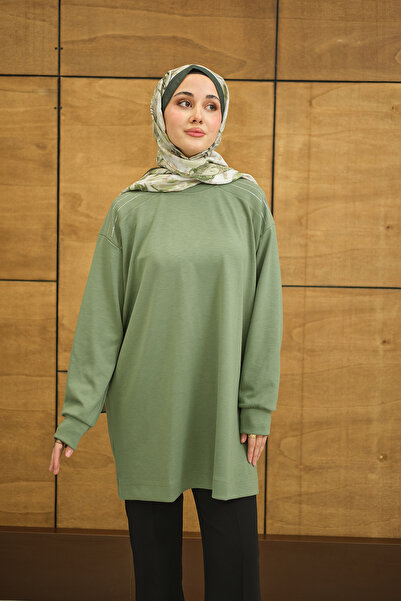 LOCCO Women's Crew Neck Shoulder Stone Detail Regular Viscose Tunic Green