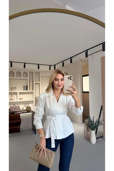 Sezgi Tekin Premium Double-Breasted White Poplin Shirt with Collar and Belt