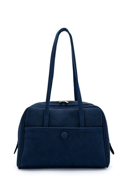 minebag Suede Rocky Women's Shoulder Bag with Front Pocket Detail, Navy Blue