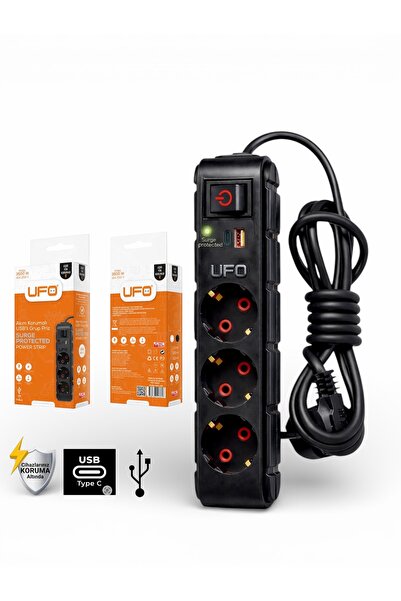 UFO Akım korumalı grup priz 0.50 cm kablolu anahtarlı siyah 3 lü ve USB+type-...