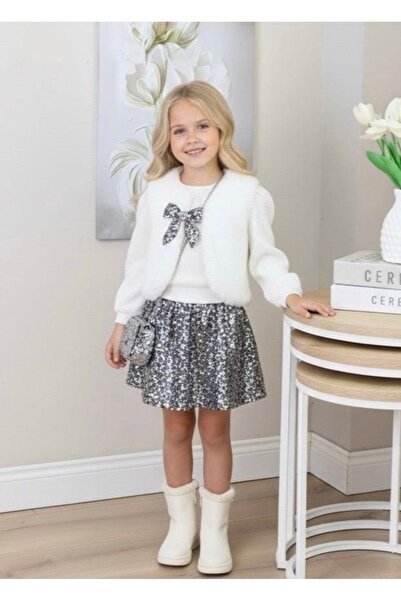 MODA 4 LÜ (BADİ-ETEK-KÜRK-ÇANTA) DÜĞÜN VE ÖZEL GÜN İÇİN GRİ PUL PAYETLİ 2-9 Y...