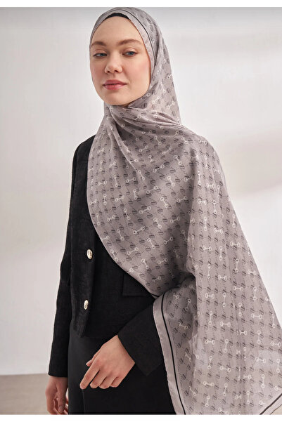 ARMANDA İTHAL VOAL MONOGRAM DESEN ŞAL KOT TAŞ GRİ STONE