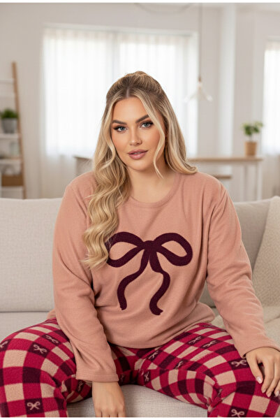 Siyah İnci Salmon Bow Embroidered Patterned Plus Size Fleece Winter Knitted P...