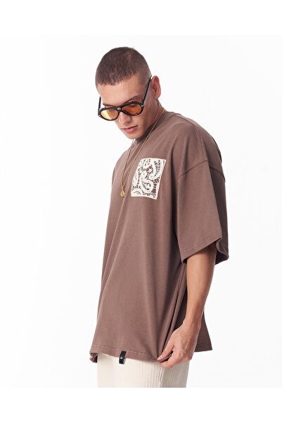 martin valen Lace Applique 3D Embroidered Brown T-Shirt