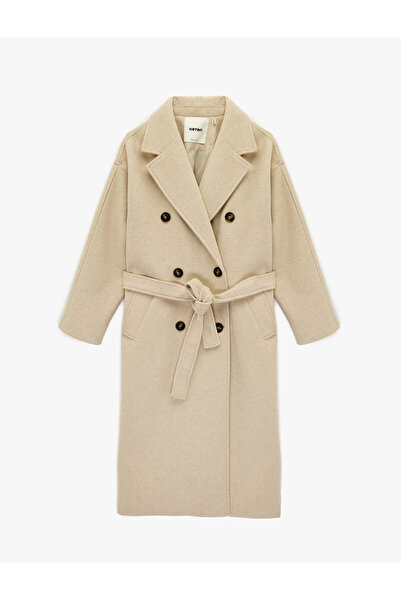 Koton Long Sleeve Buttoned Pocketed Double-Breasted Long Belted Cashmere Coat