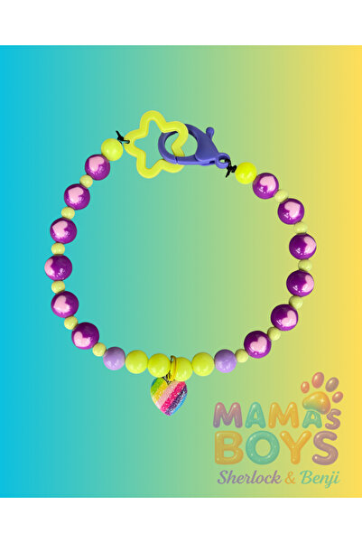 Mamasboys Mor ve sarı boncuklu sevimli köpek kolyesi / tasması