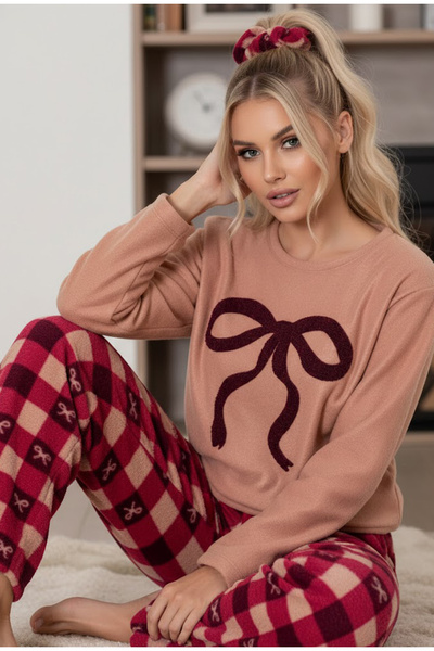 Siyah İnci Salmon Bow Embroidered Patterned Fleece Winter Knitted Pajama Set