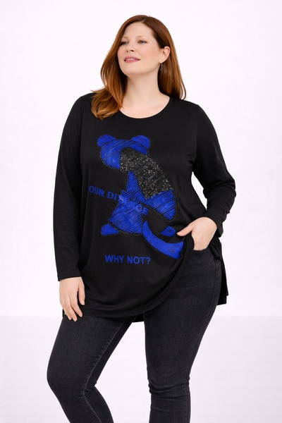 Şans Women's Plus Size Black, Crew Neck, Print and Stone Detailed Blouse 65N3...