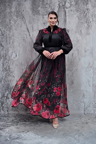 QUİZAS Elegant Embroidery Detailed Long Dress