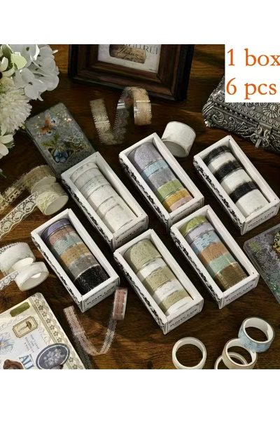 Kolbi Craft 6 Rulo Şeffaf Siyah Beyaz Dantel Desen Bant Scrapbook Bullet Jour...