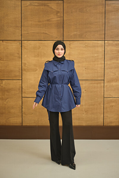 LOCCO Women's Roba Detailed Belted Regular Poplin Shirt Navy Blue