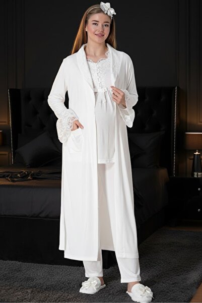 BLACKMORE Kadın Ekru Dantel Detaylı Pamuklu Tam Boy Lohusa Hamile Sabahlıklı ...