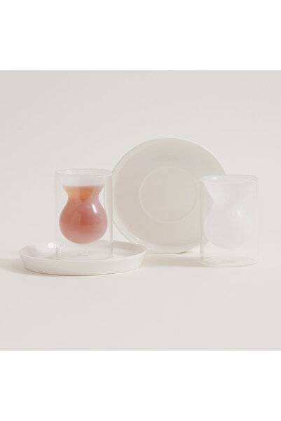 Dallaty 12 pcs double wall glass tea set with porcelain saucers, white