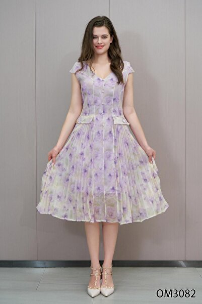 BRATO Soft floral midi dress with side pleats