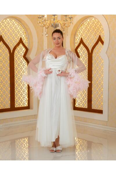 Limas lingerie روب صباحي طويل من قطعتين بتصميم خاص مع تفاصيل من الريش والدانت...