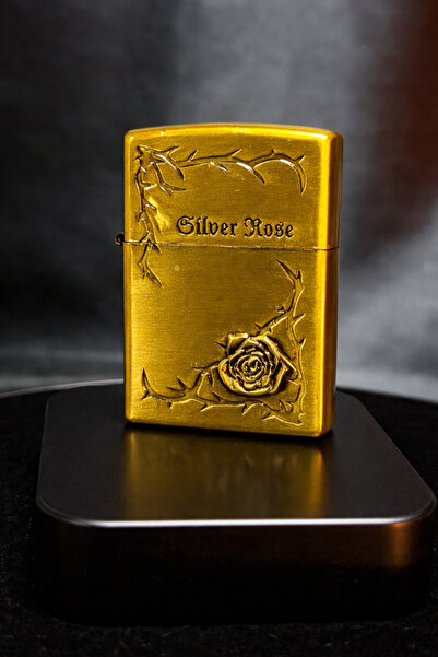 REKS Kabartmalı Özel Kenar Desen Gül Altın Kaplama Lüks Benzinli Çakmak Zaraf...