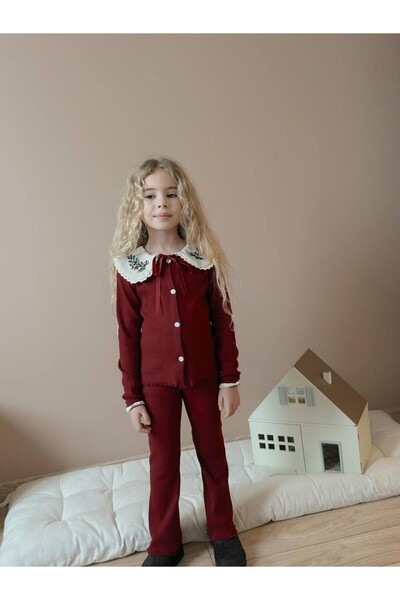 MİNİKO KİDS SET CU COLAR DE DANTELĂ PENTRU FETE, CU TĂLAȚI, tricotaj cu stria...