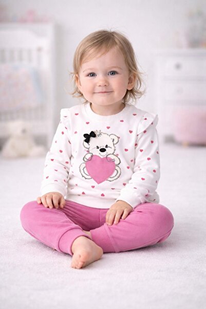 dinamik çocuk Kız Bebek Kalpli Ayıcık Baskılı 2'li Takım Alt Üst – Uzun Kollu...