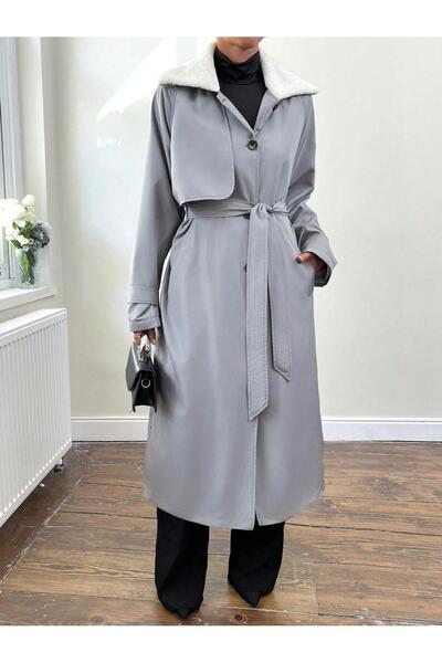 Podyum Park Kadın Kuşaklı Peluş Yaka Uzun Trençkot – Şık ve Modern Mevsimlik ...
