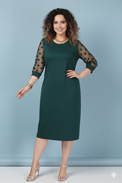 sharin Women's Plus Size Green Color Polka Dot Sleeve Midi Length Dress 12A-2313