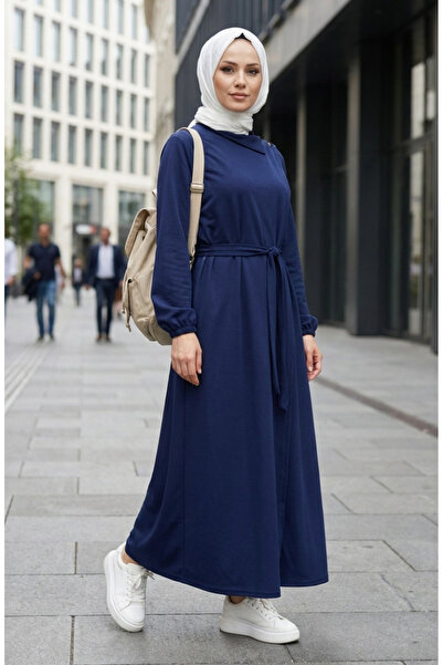 sefamerve Button Detailed Elasticated Sleeves Belted Ferace 2212-04 Navy Blue