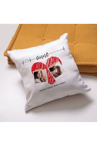 Sevilla Premium Kişiye Özel Çift Renk Fotoğraf Baskılı Anne Kalbi İpeksi Yastık