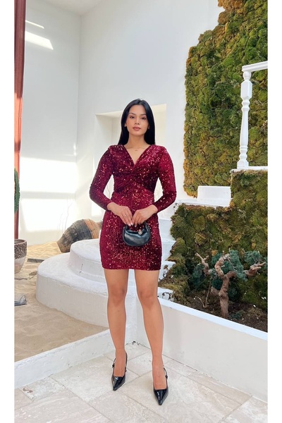 MY GRS ÖNÜ BÜZGÜ DETAY KISA PUL PAYET ELBİSE