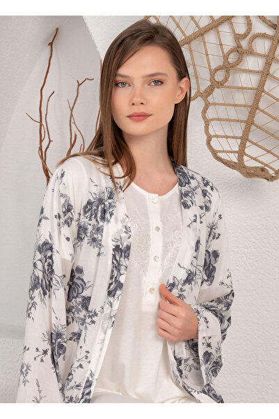 Tuba Çiçek Desenli Tesettüre Uygun Uzun Sabahlıklı 3 lü Lohusa Pijama Takımı