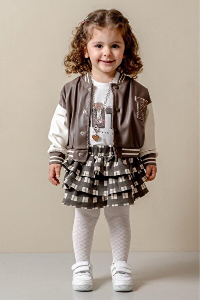 Magu Kız Çocuk Kahverengi Ceket T Shirt ve Etek Takım