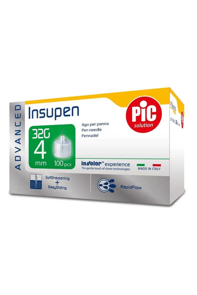 Pic إبر قلم الأنسولين المتقدمة من سوليوشن إنسوبين، مقاس 32G × 4 مم، عبوة من 1...