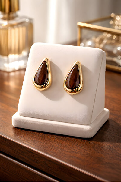 mosmoda Gold Kahverengi Mineli Damla Küpe