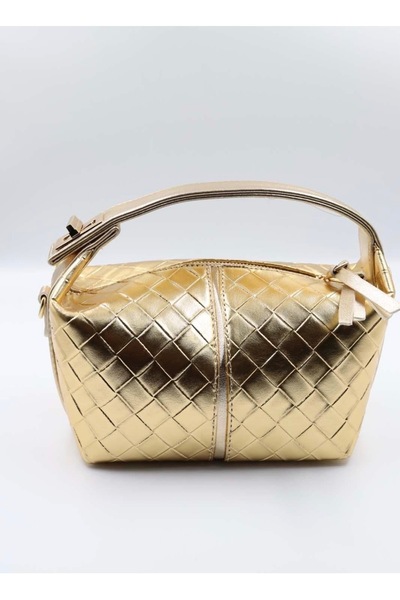 DEZ STORE Women's Gold Color Knitted Pattern Mini Hand and Shoulder Bag