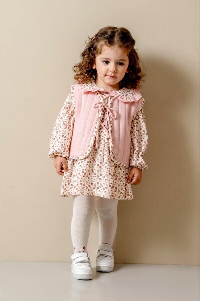 Magu Girls' Cotton Powder Floral Pattern Dress and Vest Set