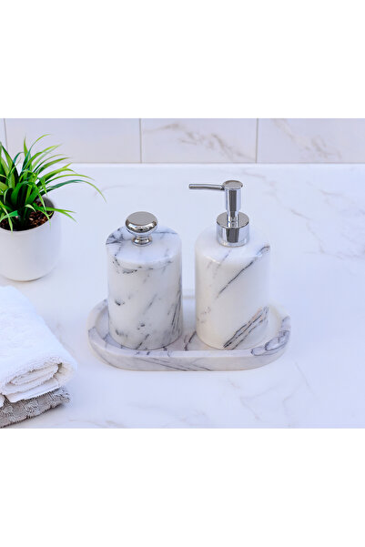 marbelix Valeria - 3 Piece Marble Bathroom Set - Liquid Soap Dispenser, Box w...